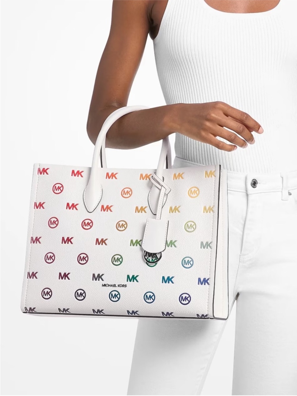 Michael Kors Mirella Medium Rainbow Logo Embossed Tote Bag